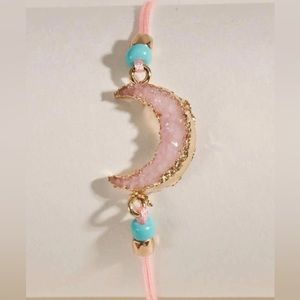 “Pink Crescent Druzy” Half Moon Geode Gold Dipped Sparkle Shimmer Stone Bracelet